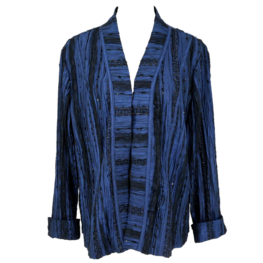 Chicos Jacket 3 Womens 16 XL Navy Blue Crinkle Black Embroidered Open Front